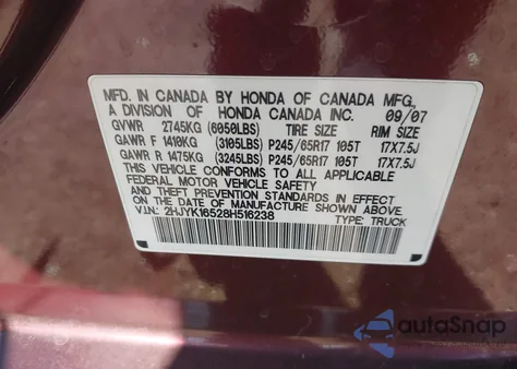 2008 Honda Ridgeline Rtl from USA, damaged, VIN 2HJYK16528H516238